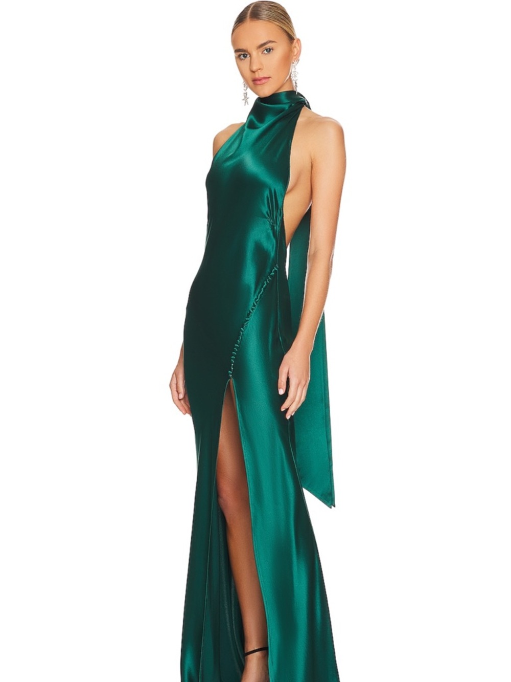 Emerald Halter Satin Evening Gown with Side Slit - Picture 3 of 4